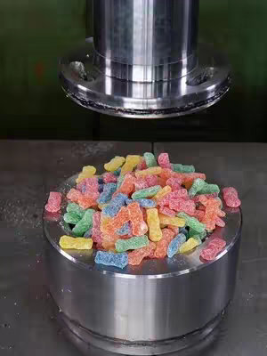 A close-up shot of a pile of colorful sour candy forming a circle on top of a metallic platform. Above the candy is a large, rounded, metallic object, appearing to be a pressing machine, suggesting the candies might be being crushed or processed. The background is plain with tones of light green.