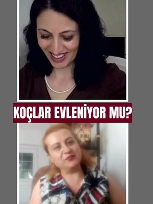 The cover image is a split screen showing two women. The top half features a woman with dark wavy hair, wearing a brown top and a pearl necklace, smiling. The bottom half shows a woman with reddish-blonde hair, wearing a patterned top, looking towards the camera. A text overlay in a maroon rectangle reads, "KOÇLAR EVLENİYOR MU?". The background is a plain gray.