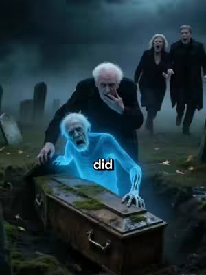 A surreal image depicts a shadowy graveyard scene at dusk. In the foreground, a coffin rests in a dug grave with one figure, a glowing blue translucent ghost, emerging from it with a distraught expression. Another man, appearing to be older with white hair, leans over the grave with concern, placing a hand out toward the ghost. Behind them, in the background, two other figures, one woman and a man, are running towards the scene looking terrified. The sky is overcast and the lighting is moody, enhancing the mysterious atmosphere.