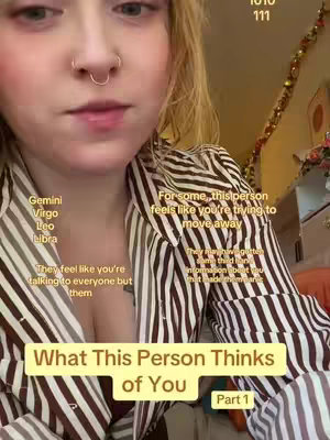 A close-up of a woman with blonde hair and a nose ring, wearing a striped shirt. Text overlays are present, including astrological signs and a title about what a person thinks of you.