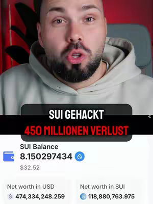 The cover image shows a man in a hoodie looking at the camera with an excited expression. Above his head is a black bar with the text 'SUI GEHACKT', and below that, another red bar with the text '450 MILLIONEN VERLUST'. Below these bars, there is an app screenshot shown showing the SUI balance, and the net worth in USD and SUI.
