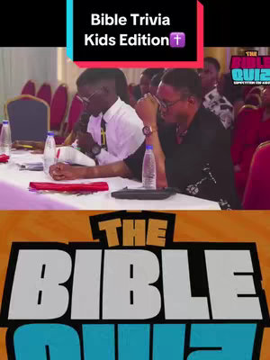 The cover image shows a scene from a bible trivia event with two young men seated at a table, each with a microphone and a water bottle. A banner with "THE BIBLE QUIZ" is at the bottom. A text overlay on top says "Bible Trivia Kids Edition" and has a cross symbol. The overall impression is a competition or educational setting.