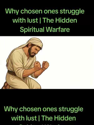 The image features an illustrated man kneeling in prayer, surrounded by text about spiritual warfare and lust. The top portion of the image includes white text against a black background while the man’s illustration takes up most of the space, positioned on a white background. The man is depicted with a light complexion, wearing a simple white head covering and a light tan garment. His hands are clasped, and his expression suggests distress. The bottom portion repeats the text from the top in another black area.