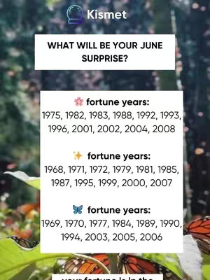 The cover image features a stylized, vertically oriented design. At the top, the "Kismet" logo is visible. Below, a white box contains the text "WHAT WILL BE YOUR JUNE SURPRISE?". Further down, there are three sections of text and icons: a flower with fortune years, a star with fortune years, and a butterfly with fortune years. The background is a blurred image of green foliage.