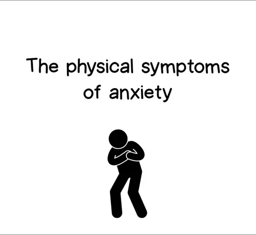 A simple, minimalist illustration on a white background. In the center is a stylized black figure hunched over, indicating distress. Above, in black text, are the words "The physical symptoms of anxiety".