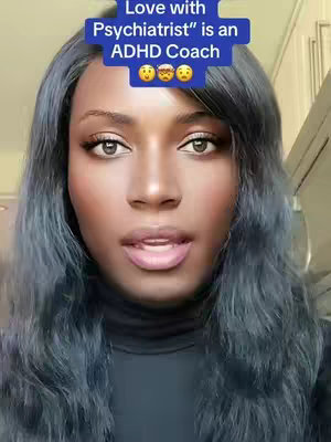 A close-up shot of a woman with dark hair and makeup. The woman has a neutral expression. Overlayed at the top is a blue box containing the words "Love with Psychiatrist" is an ADHD Coach", with several emojis.