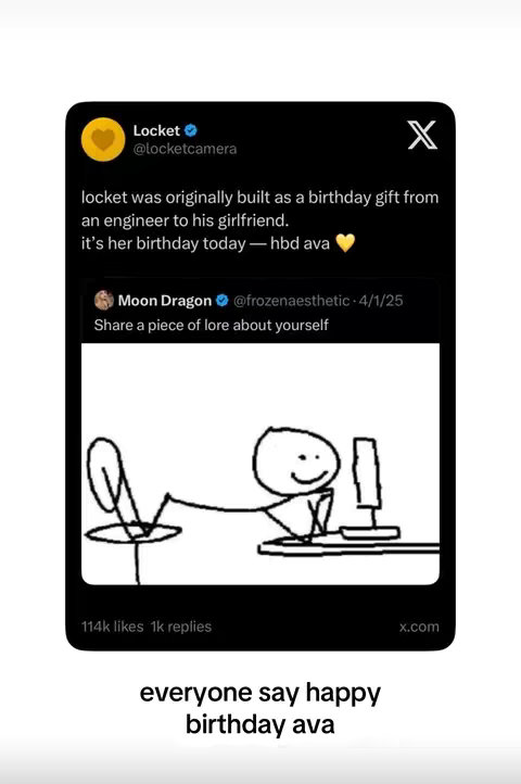 The image is a vertical screenshot of a social media post, featuring a black background with white text and graphics. The main element is a mockup of a social media post from Locket, a heart-themed app, including text, a timestamp, and user interaction details. Below this, overlaid on the black background, is a drawing of a stick figure using a computer. At the bottom is a black bar containing the text, 'everyone say happy birthday ava'.