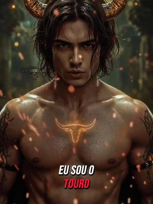 The image features a muscular man with long, dark hair wearing a golden bull horn headpiece. A glowing bull symbol is emblazoned on his chest. The background appears to be blurry with green foliage.