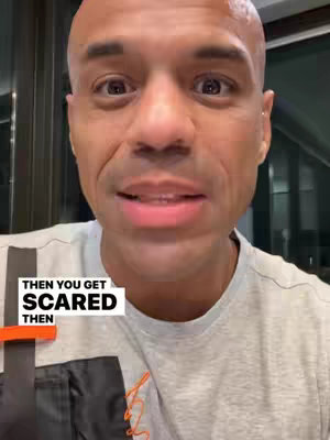 The cover image features a close-up of a bald, light-skinned man with a thoughtful expression. He appears to be indoors, with a neutral background and professional lighting. Text overlaid on his chest reads 'THEN YOU GET SCARED THEN' in a bold, white font against a black background with orange accents.