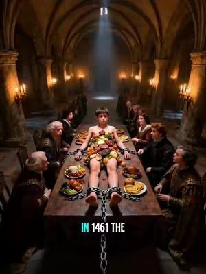The cover image shows a young man lying on a table, covered in various foods. He is surrounded by people in medieval clothing, and chained to the table. The setting is a dimly lit room with arched ceilings and lit by candles.
