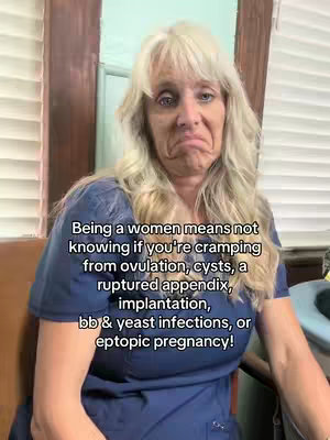 The cover image features a woman with blonde hair and a concerned expression. She is wearing a blue scrub top. The background is a neutral color. Text overlayed on the image lists various potential causes of cramping.