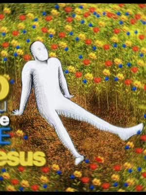 An artistic rendering shows a figure lying on a grassy surface filled with colorful flowers. The figure is a basic white form reclining with its limbs extended. Text is partially visible on the left, with the word 'jesus' at the bottom.