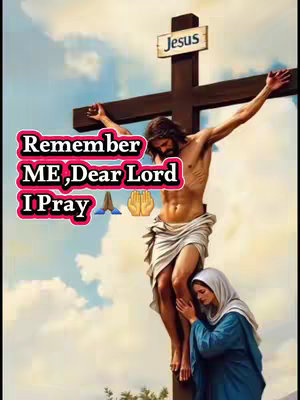 The image shows a painting of Jesus on the cross, with a woman kneeling at the base. Above the cross, a sign reads 'Jesus'. The sky is blue with some clouds. The scene is framed in a vertical layout, emphasizing the figures and the cross.