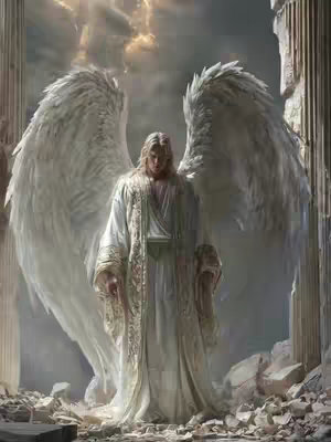 A digitally created image of an angel standing amidst ruins. The angel has long blonde hair, wears a white robe with gold trim, and has large white feathered wings. The background suggests a celestial or heavenly setting with a cloudy sky and beams of light.