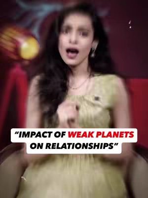The cover image shows a woman with long dark hair, slightly out of focus, with her mouth open in an expression that matches the overlayed text. The image is dimly lit, with a red background visible. A text overlay across the lower center of the image reads "IMPACT OF WEAK PLANETS ON RELATIONSHIPS".