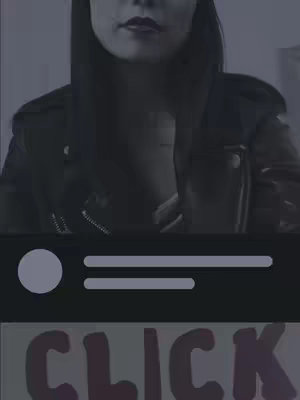 The cover image features a woman wearing a black leather jacket, with long dark hair and dark lipstick, her face partially visible. There's an overlay resembling a social media interface in the lower third, with the word "CLICK" in a brush-like font.