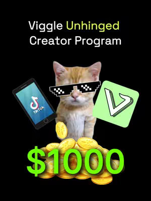 A black background with the text 'Viggle Unhinged Creator Program' at the top. A cartoon image of a cat wearing 'deal with it' pixel sunglasses is in the middle. To the left of the cat is a phone showing a TikTok logo; to the right is a Viggle logo. Below the cat and logos is a pile of gold coins with the text '$1000' in green.