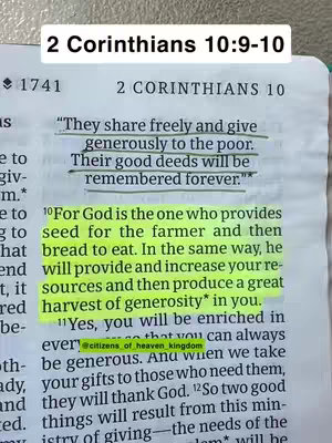 The image shows an open book, with a Bible verse highlighted with a yellow marker. The text in the image is the verse of the day, focusing on generosity, with the title "2 Corinthians 10:9-10" at the top. The background is the interior of a home.