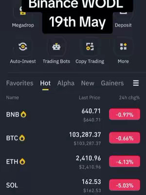 The cover image displays a screenshot of the Binance app interface, showing cryptocurrency market data. The top part has a black rectangular banner with the text 'Binance WODL 19th May'. The main part lists crypto names (BNB, BTC, ETH, SOL), their current prices, and 24-hour price changes, all presented on a dark grey background.