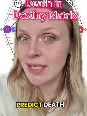 A woman with blonde hair is centered in the frame, smiling slightly and speaking. Behind her is a circular chart with numbers and lines, possibly a Destiny Matrix chart. Text overlays read "Death in Destiny Matrix" in pink, and "PREDICT DEATH" in yellow across the bottom. The background is blurred, focusing attention on the woman and the text.
