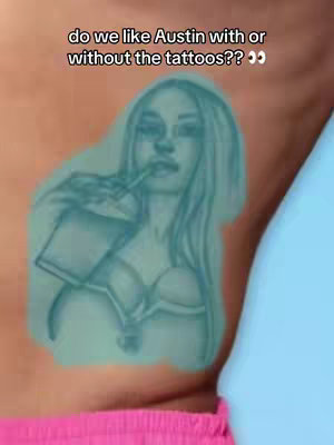 The image shows a section of a person's torso, featuring a tattoo of a stylized woman drinking from a cup. Overlaid text asks viewers if they like the subject with or without tattoos. The skin tone is light, with the tattoo in a cool, aqua color, and the background a light blue.