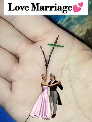 The image shows a close-up of a hand with a palmary reading theme. At the top, the words \"Love Marriage\" appear in a bold, serif font, with a pink heart emoji beside. A stylized representation of a couple in formal attire is at the bottom of the image, dancing. The background shows the lines of a person's palm, with a sketched symbol above the dancers and a series of lines emanating downward.