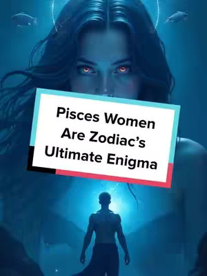 A stylized image with a blue and white color scheme. A woman with long hair and glowing red eyes is centered in the frame, with a text overlay in front of her. Below, a silhouetted figure stands in front of what appears to be a light source.