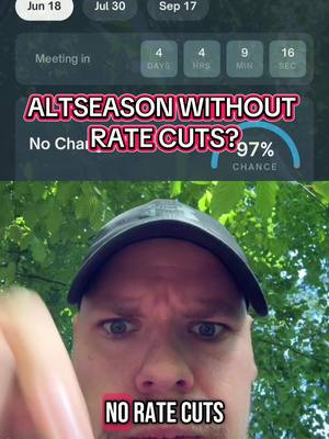 The cover image shows a close-up of a man with wide eyes, wearing a black cap, and appearing to be addressing the viewer. Overlayed on the image are text elements, including the phrase ALTSEASON WITHOUT RATE CUTS? in a stylized font. An app interface shows dates and a percentage value beneath the text. The background has a green foliage.