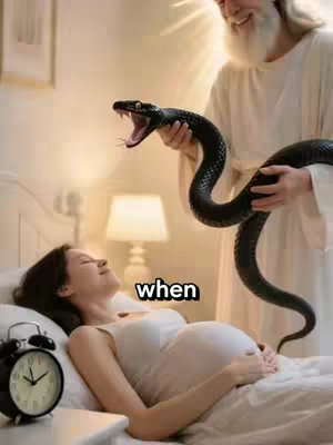 A woman lies in bed, pregnant, with her eyes closed. Above her, a figure in white robes, glowing with light, holds a large black snake above her. The text overlayed on the image says 'when'. A retro alarm clock rests on a bedside table.