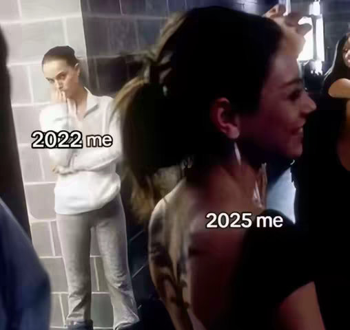 The image shows a before-and-after weight loss transformation. The left side features a person in 2022 wearing casual clothes, looking thoughtful with their arms crossed. The right side shows a more confident person with a tattoo, dressed in a more revealing outfit, and smiling at an event or party. Text overlays indicate the years, 2022 me' and '2025 me'. The focus is on the contrast between the two versions of the person, highlighting the transformation.