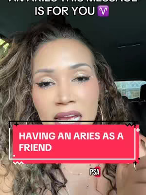 A selfie-style shot featuring a woman with long, curly brown hair looking at the camera. She has sparkly eye makeup and large hoop earrings. A red banner at the bottom of the image reads 'HAVING AN ARIES AS A FRIEND'. The background suggests a car interior.