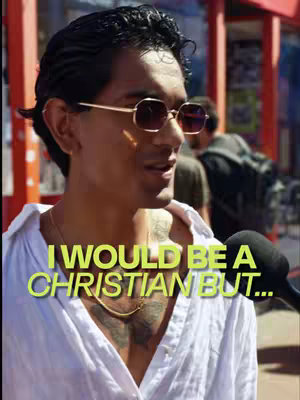 A man with sunglasses is being interviewed holding a microphone, the cover image has a text overlay 'I would be a Christian but...'. The color palette consists of warm tones.