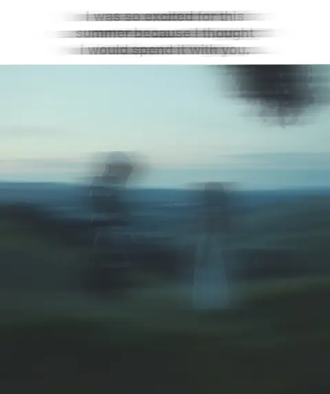An artistic and blurry image shows a landscape with a sky that blends from light blue to darker teal. Two figures, slightly blurred, seem to be walking on a hill. Text overlayed at the top, also blurred, suggests a message about a past summer. This gives a sense of memory and longing.