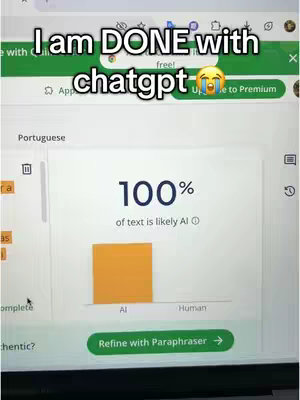 A laptop screen displaying a website with text and a bar graph. Overlaid at the top is the text 'I am DONE with chatgpt 😭'