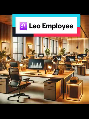 An office setting is depicted with multiple wooden desks, each equipped with a computer, and black office chairs. The background includes framed art, plants, and large windows. A colorful graphic overlay at the top reads 'Leo Employee' with the Leo symbol next to the text.