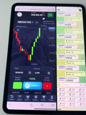The image displays a mobile device split into two sections. On the left, a trading platform is open, showing a real-time candlestick chart with fluctuating green and red lines. The top left corner displays currency pair AED/CNY OTC. On the right, a messaging application shows a series of text bubbles with messages related to trading signals. The top message indicates a "STRONG BUY SIGNAL." The overall composition emphasizes financial trading with live data and trading advice.