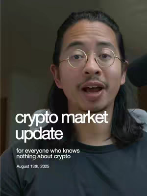 A man with long, dark hair and glasses is centered in the image, facing the camera with an open mouth. The text overlay in white font reads 'crypto market update' followed by a smaller text: 'for everyone who knows nothing about crypto' and finally the date 'August 13th, 2025'