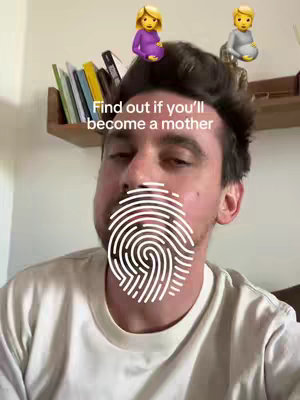 A man with dark hair and a light-colored shirt looks directly at the camera. A fingerprint graphic is overlaid on his face. Above his head are two emojis: a pregnant woman in a purple dress and a pregnant woman in a grey dress. Text overlays the image.