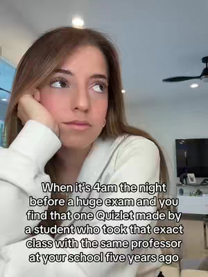 A young woman with long brown hair sits in front of a blurred background, resting her head on her hand as if deep in thought. The text overlaid describes a relatable experience of finding helpful study material.