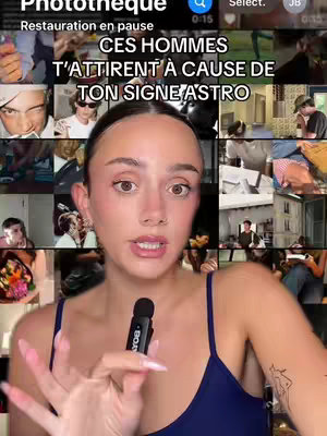 A woman in a blue top is in the center of the frame, holding a microphone. Behind her, there's a collage of images of men. Text overlays the top of the cover image.