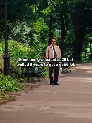 A man in a light-colored jacket and dark pants stands in a park, holding a briefcase. Text overlays on the image convey a motivational message over a background of lush greenery and a walking path.