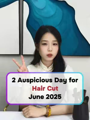 A woman with black hair, wearing a white top, makes a peace sign with her fingers as she is positioned in front of an artwork background. A translucent rectangle with text in it is placed over her. The text reads '2 Auspicious Days for, Hair Cut, June 2025'.