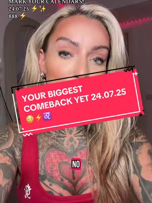 A close-up shot of a woman with long blonde hair, a red tank top, and visible tattoos, partially obscuring her face. A red rectangular overlay with white text dominates the center of the image, along with two additional text sections at the top which include the date, and the symbol for lighting. Her expression is focused, looking toward the camera. The lighting is natural, and the overall composition suggests a personal and direct communication.