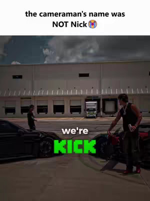 Two men stand near sports cars on a parking lot next to warehouse doors with text overlay.
