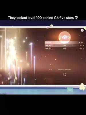 The image is a game screenshot, likely from a mobile game, showing a character with a stat window overlaid. The character, illuminated with a golden glow, is positioned on the left. On the right side are stats including Level 95. The background shows a dark, blurred setting with lights in the distance. Above the stats, text reads, "They locked level 100 behind C6 five stars 💀".
