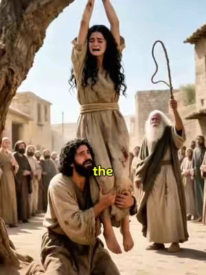 The image depicts a dramatic scene set in an ancient town square. A woman is suspended, with arms raised, appearing distressed, held up by a man who carries her across his shoulders. An older man with a long white beard gestures with a whip. The backdrop includes other figures and stone structures, suggesting a biblical story.