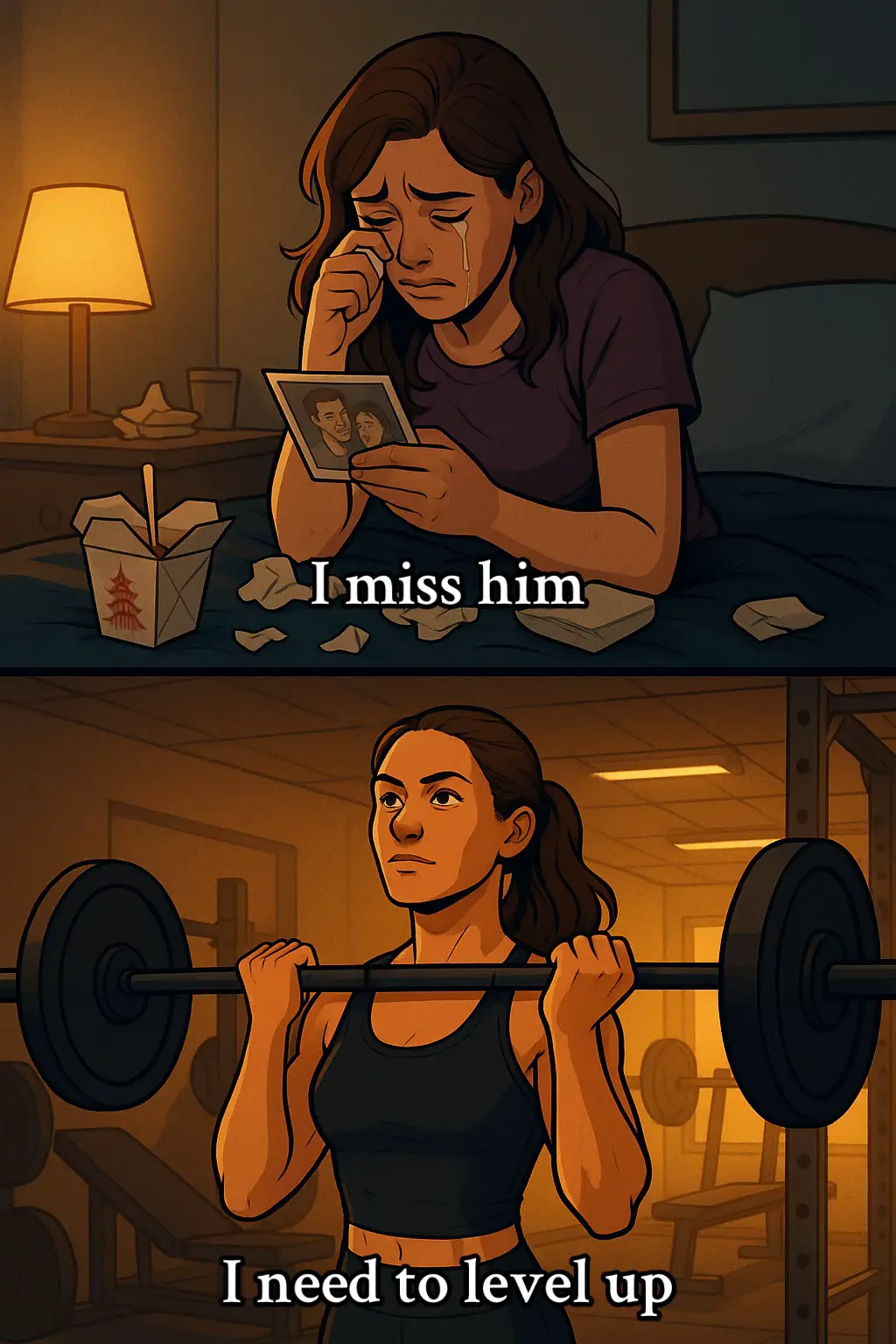 The image is a split-screen depicting two contrasting scenes. The top half shows a woman crying in a dimly lit bedroom, holding a picture of a couple. She is wearing a purple shirt and a sad expression on her face, with text overlayed saying "I miss him". The bottom half features the same woman, now with a determined expression, lifting a barbell in a gym setting. She's wearing a black sports bra and text overlayed saying "I need to level up". The color palette is muted, with warm tones of orange and brown.