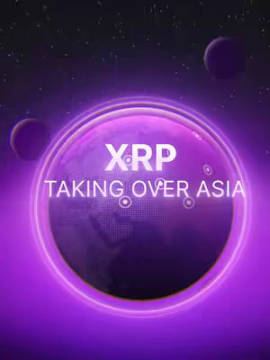 The image showcases a stylized, digital artwork with a purple and black color scheme. The central element is a large, glowing purple circle, possibly representing a planet or a globe, with a lighter purple glowing outline. Inside the circle, the word "XRP" is prominently displayed in bold, white text at the top. Below, in a slightly smaller, white font, the text "TAKING OVER ASIA" appears. A faded, pixelated graphic of a map seems to be on the inside of the circle as well. There are three smaller, spherical purple objects, resembling planets or moons, positioned around the main circle against a dark, starlit background. The overall effect is futuristic and emphasizes the dominance of XRP in the Asian market.