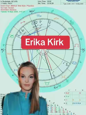 The cover image features a woman with blonde hair in front of a circular astrology chart. A red banner across the image reads "Erika Kirk".