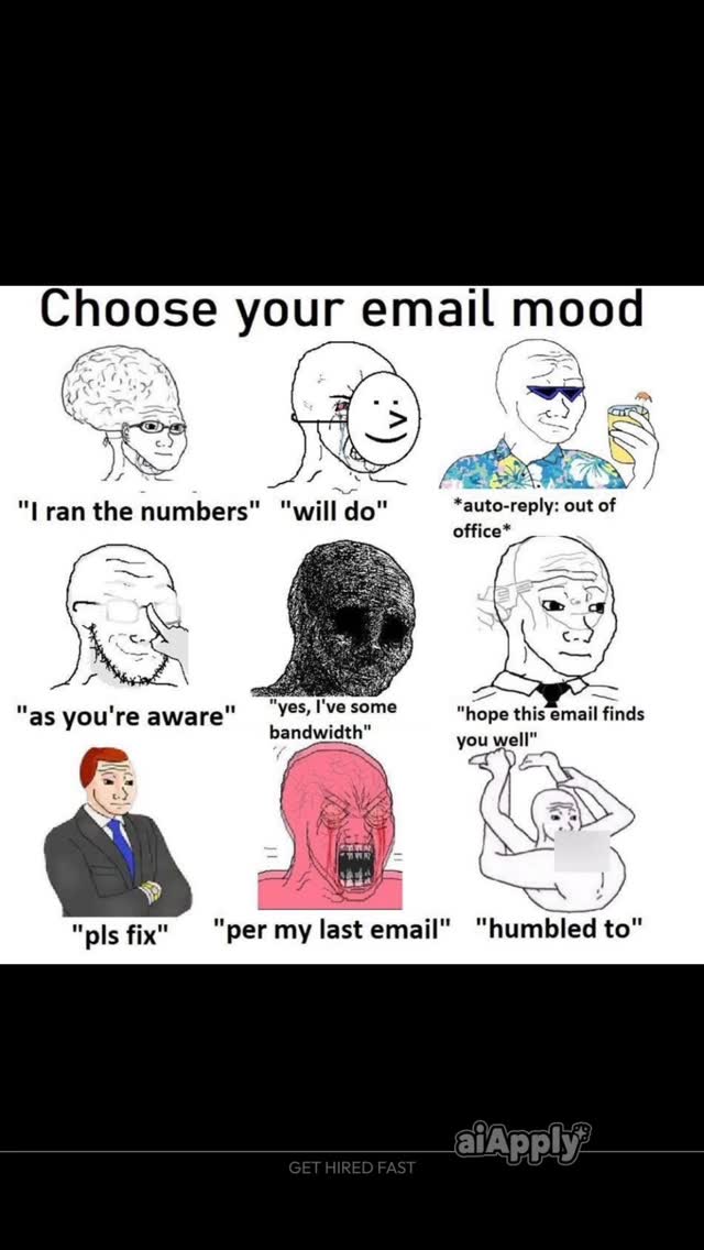 An image with a grid of nine panels. Each panel features a stick figure head expressing different emotional states, with a corresponding text description below each. The text in the title reads "Choose your email mood".